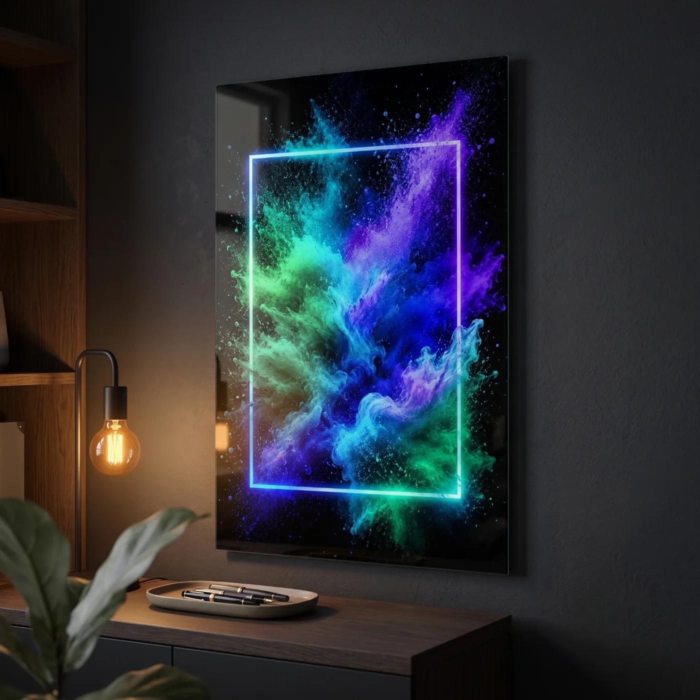 Neon Abstract Wall Art Blue Green Smoke | Glass Wall Art — 2