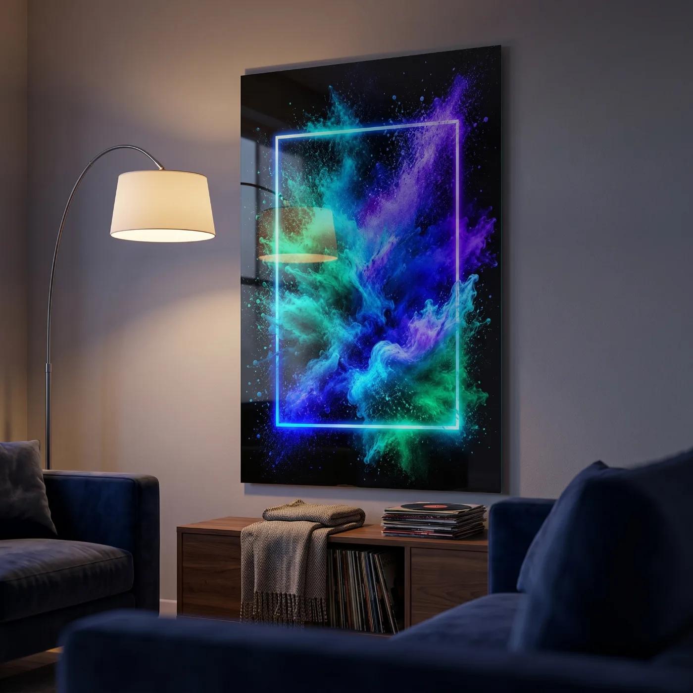 Neon Abstract Wall Art Blue Green Smoke | Glass Wall Art — 3