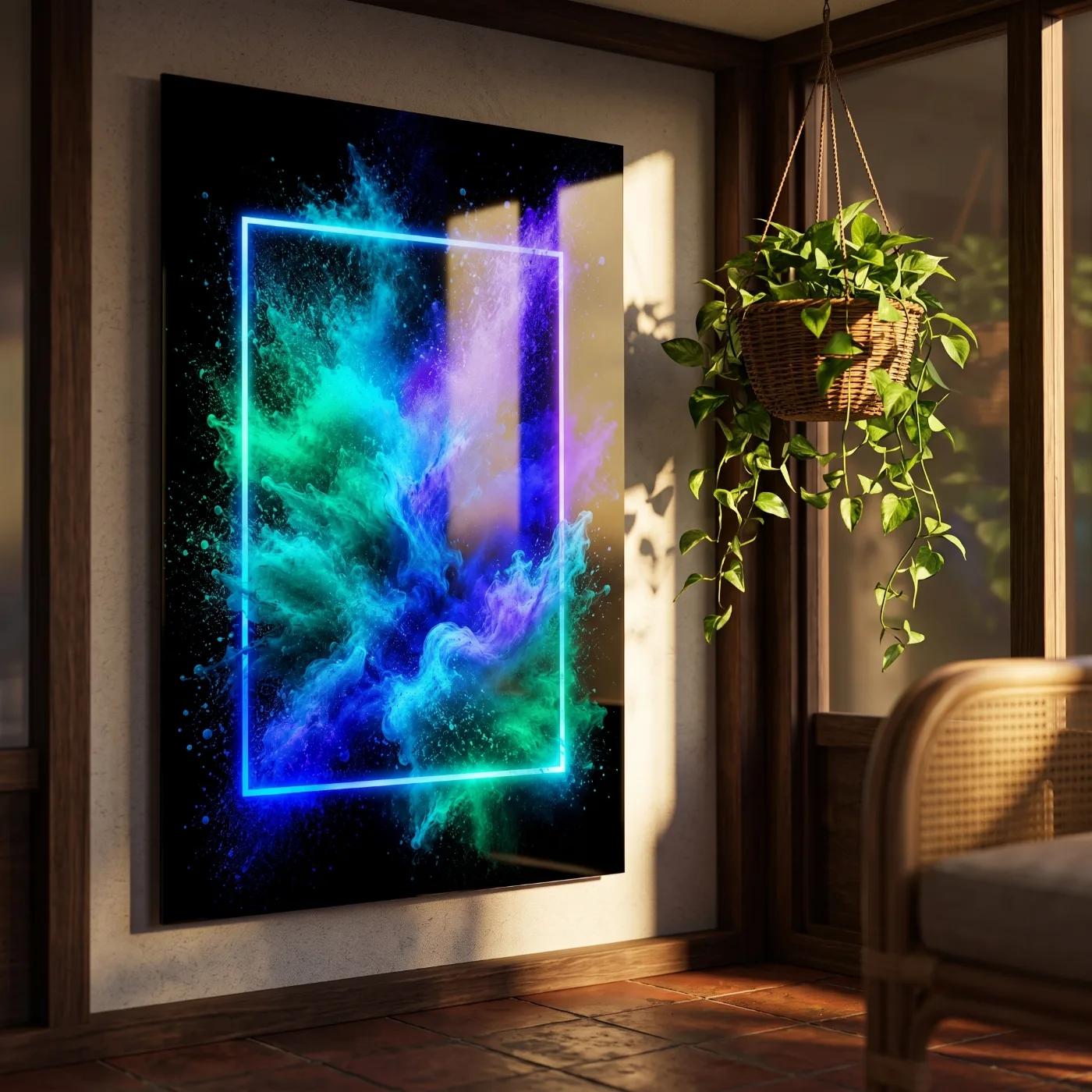 Neon Abstract Wall Art Blue Green Smoke | Glass Wall Art — 5