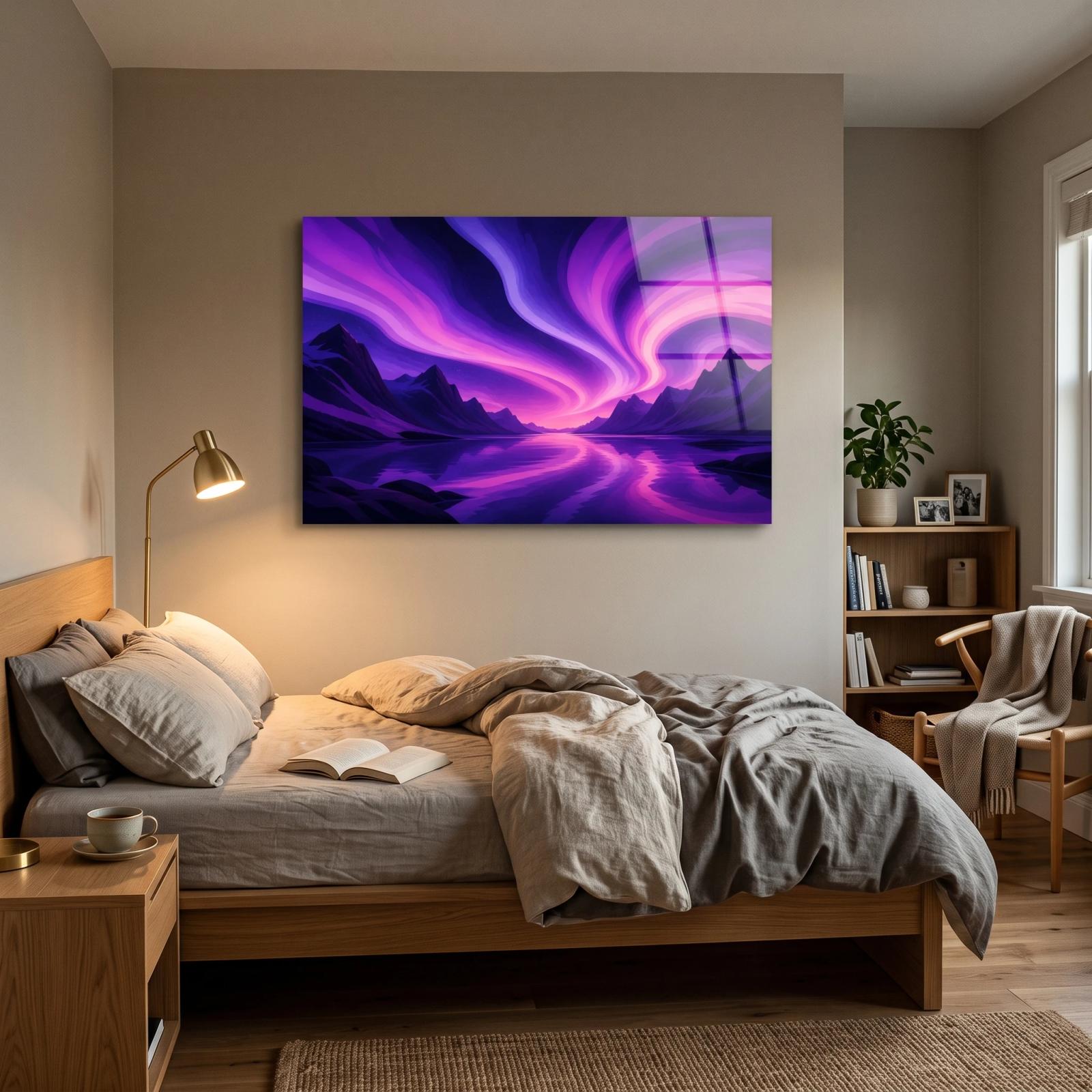 Aurora Mountain Lake Purple Night Sky Glass Wall Art