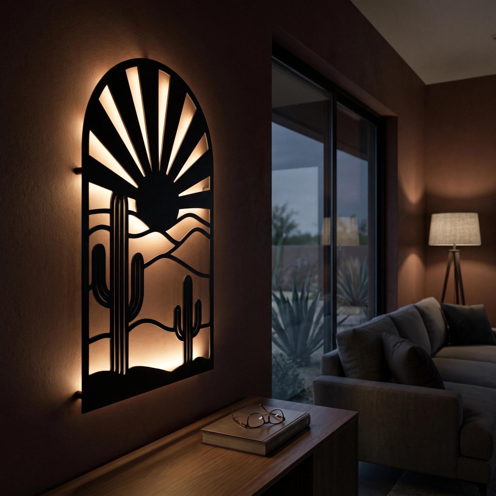 Desert Sunrise LED Metal Wall Art – Sonora Threshold, Living Room Backlit Decor — 5