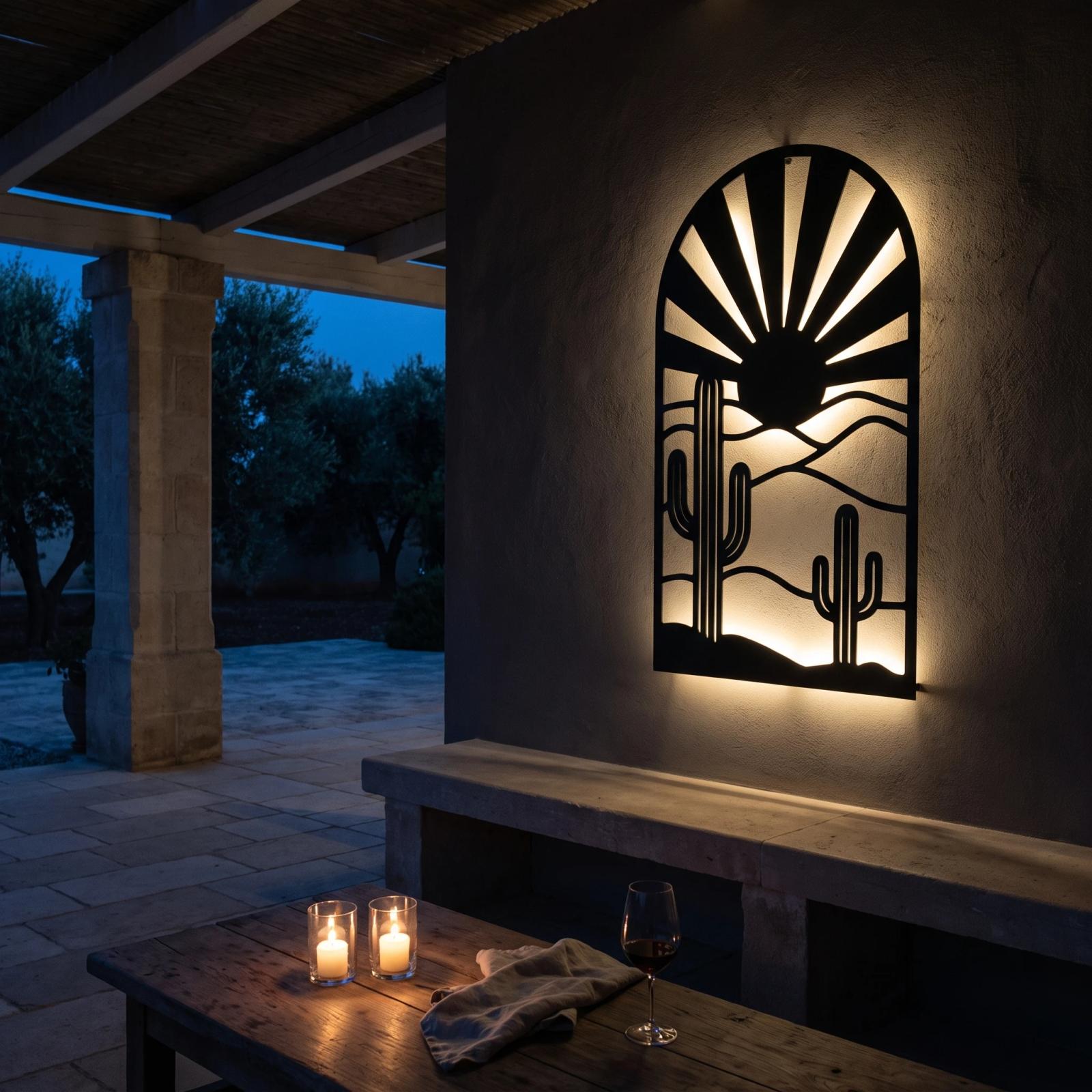 Desert Sunrise LED Metal Wall Art – Sonora Threshold, Living Room Backlit Decor
