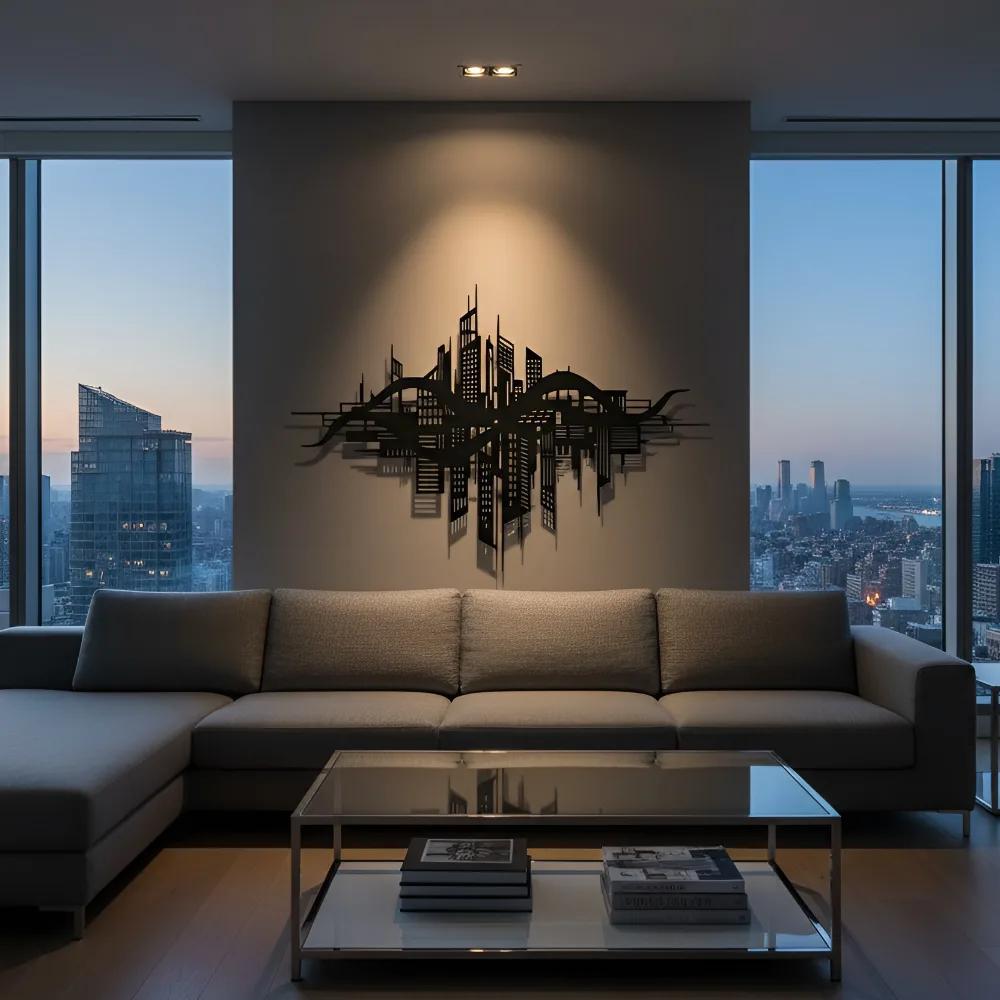 Futuristic Cityscape Metal Wall Art – Metropolis Skyline, Home Office Decor — 4