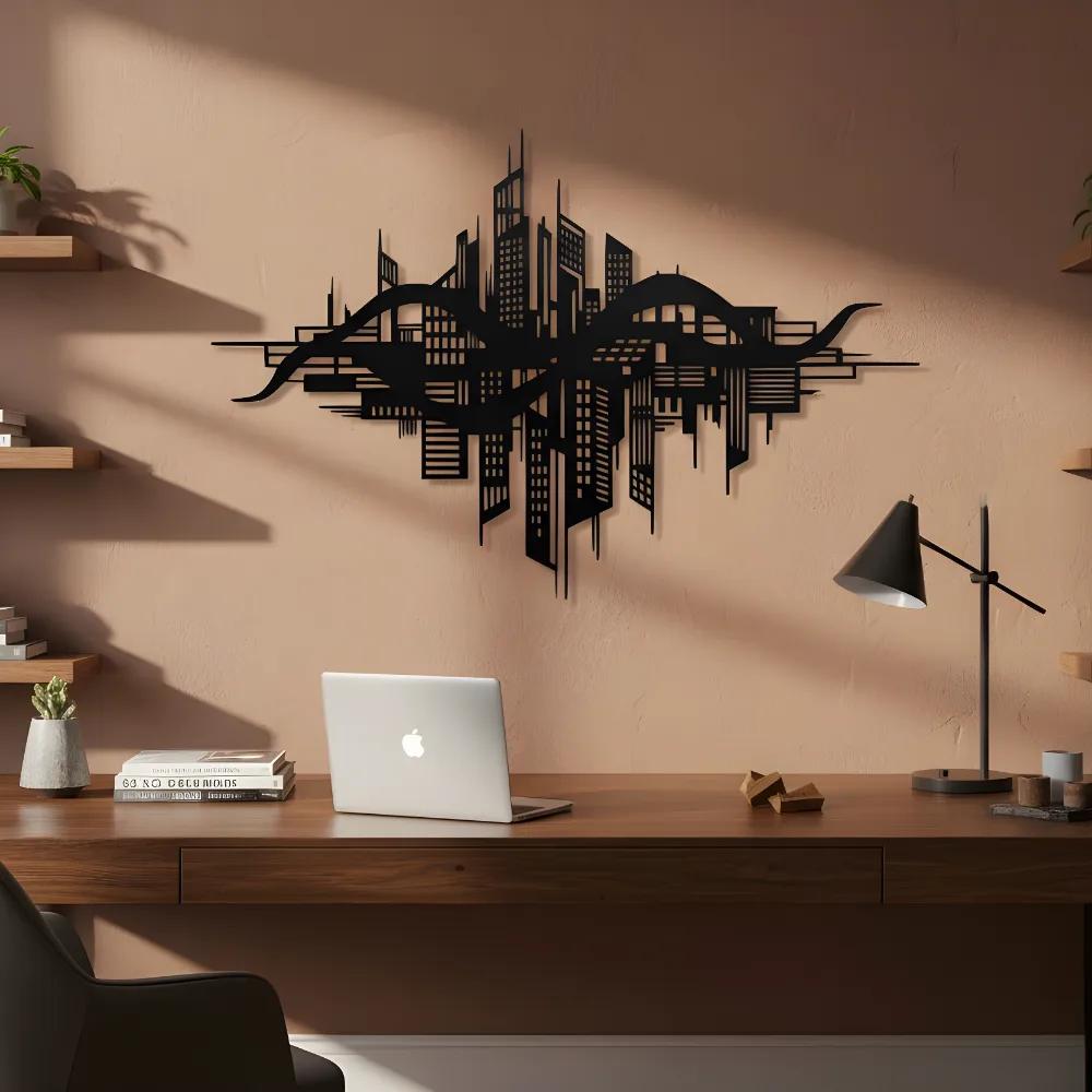Futuristic Cityscape Metal Wall Art – Metropolis Skyline, Home Office Decor — 8