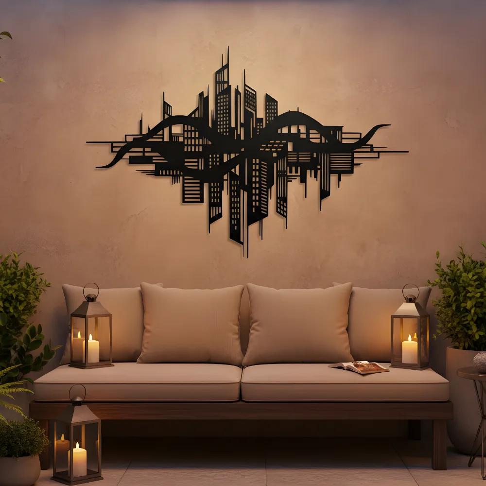 Futuristic Cityscape Metal Wall Art – Metropolis Skyline, Home Office Decor