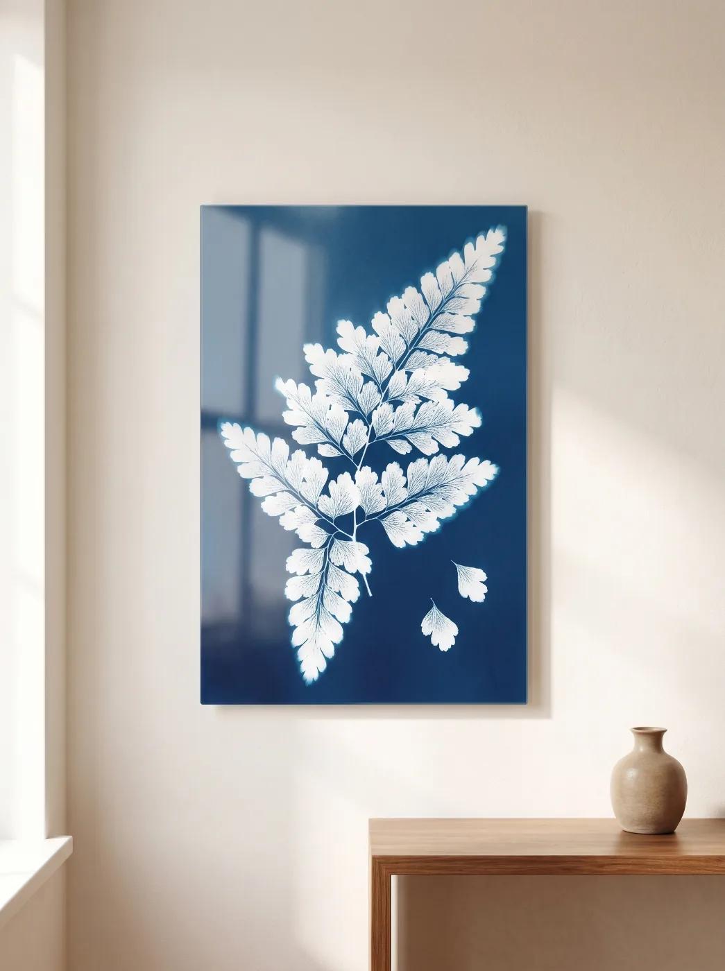 Cyanotype Fern Wall Art Blue Botanical Print | Glass Wall Art