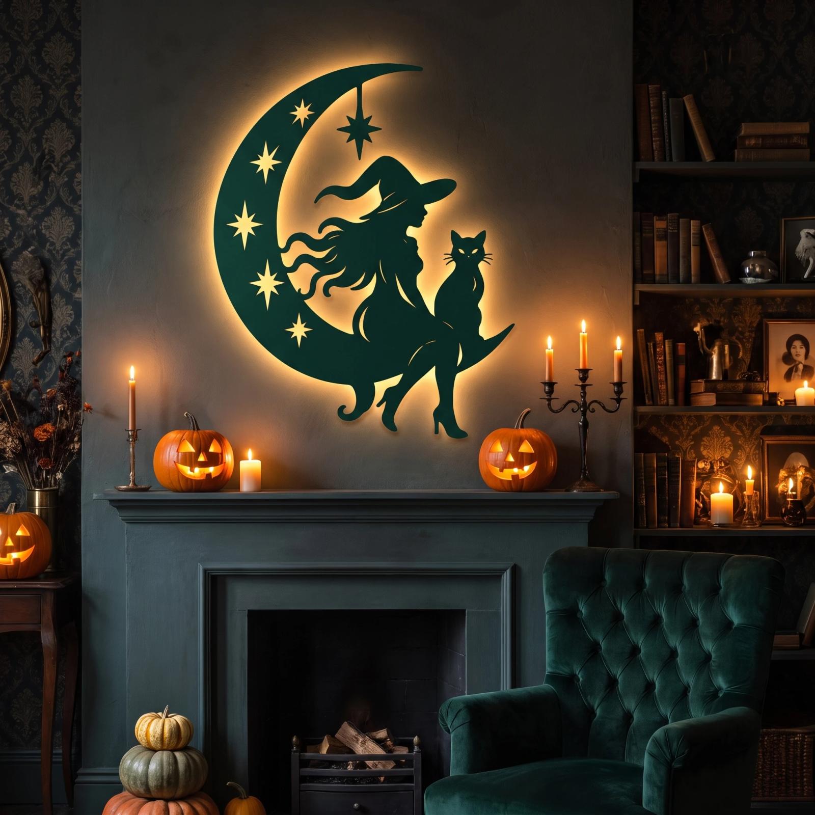 Halloween Witch Moon LED Metal Wall Art – Coven Glow, Gothic Entryway Decor
