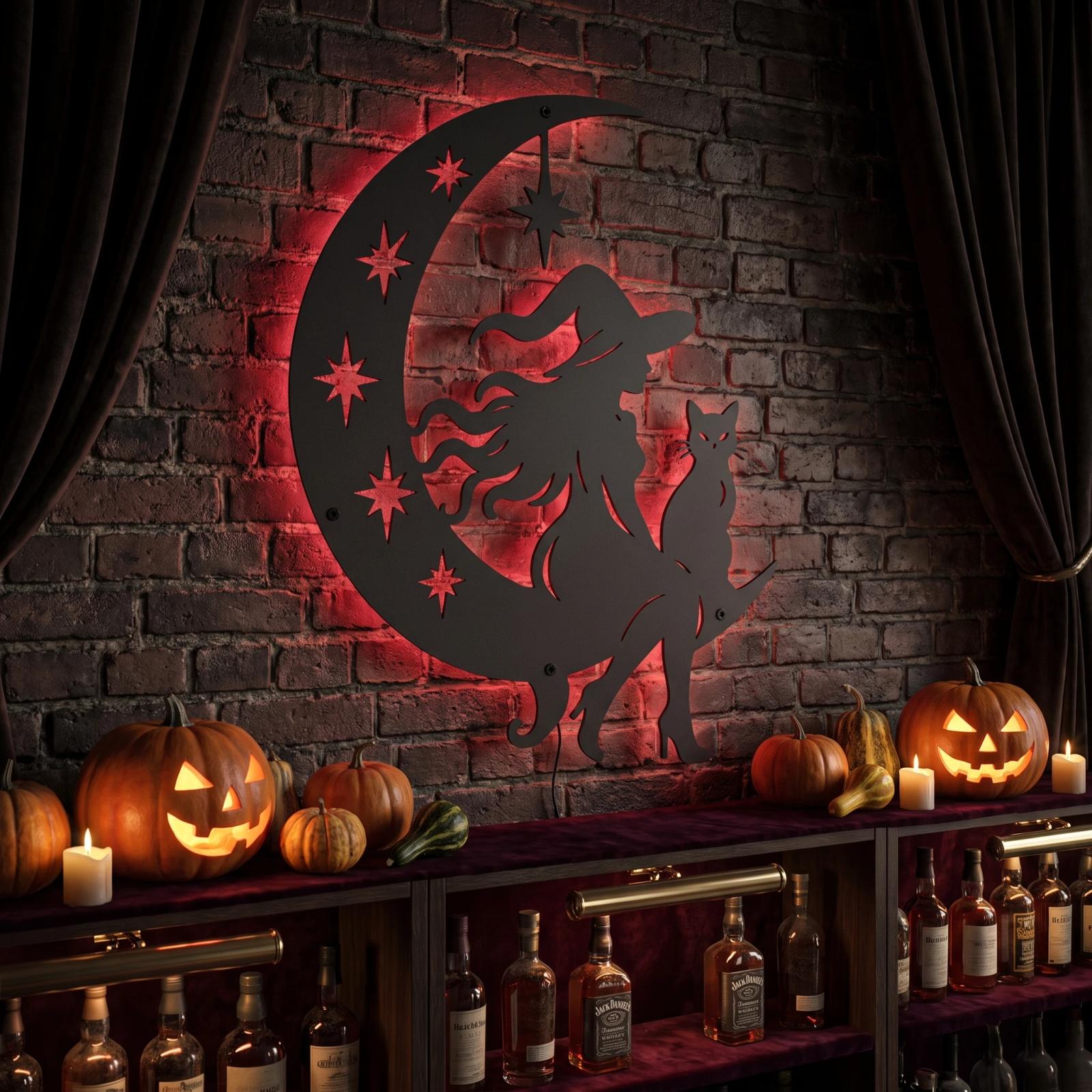 Halloween Witch Moon LED Metal Wall Art – Coven Glow, Gothic Entryway Decor — 3
