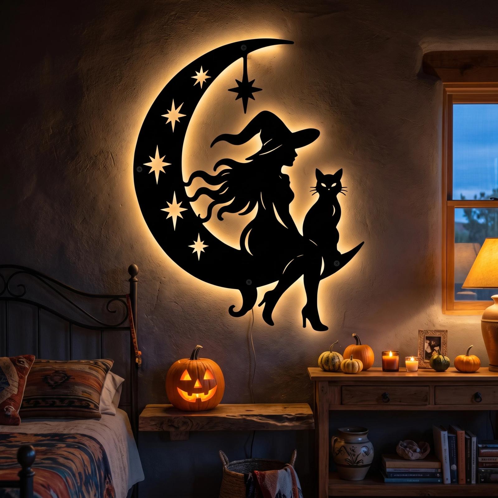 Halloween Witch Moon LED Metal Wall Art – Coven Glow, Gothic Entryway Decor — 4