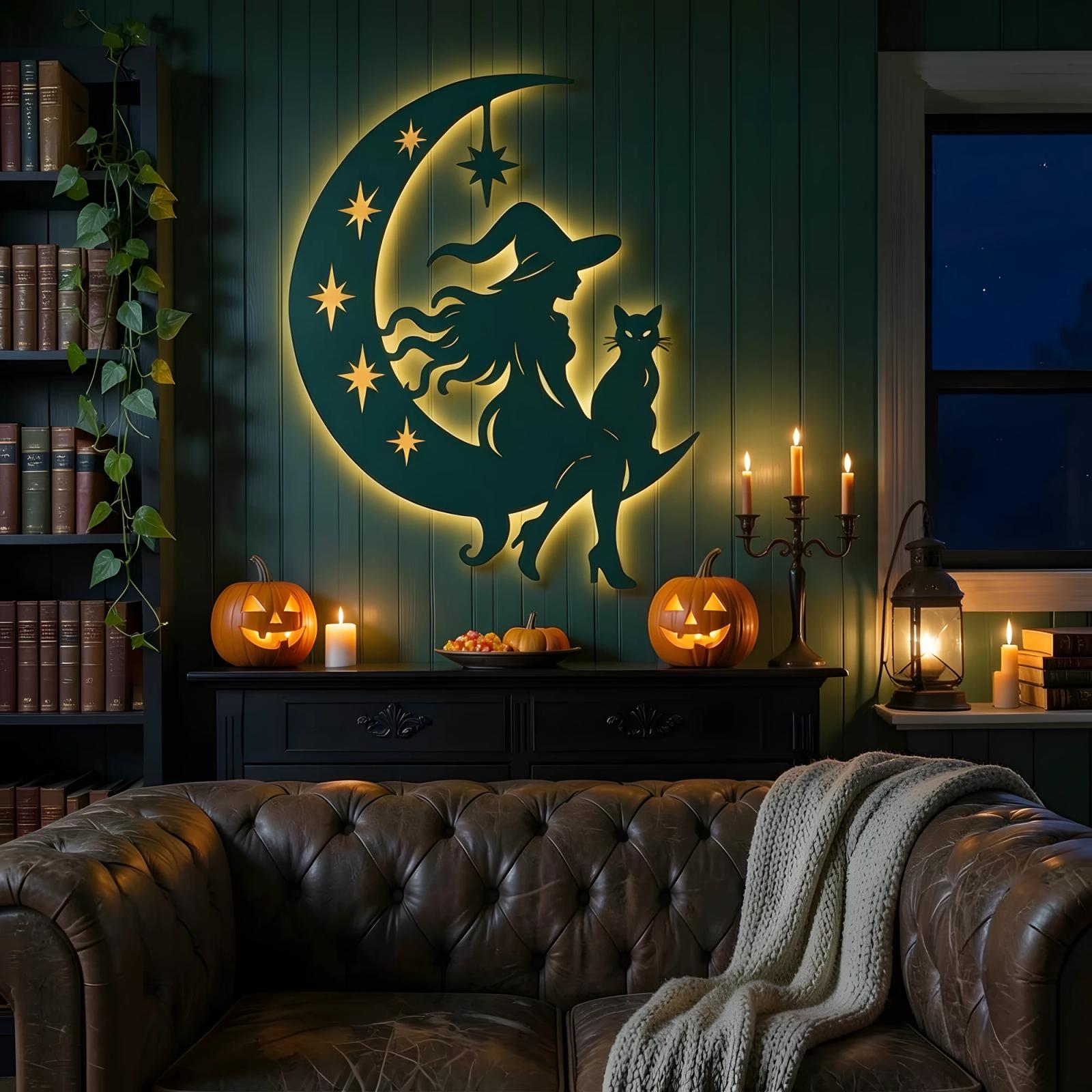 Halloween Witch Moon LED Metal Wall Art – Coven Glow, Gothic Entryway Decor — 5