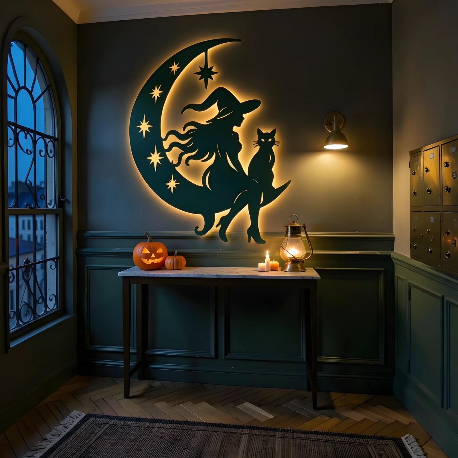 Halloween Witch Moon LED Metal Wall Art – Coven Glow, Gothic Entryway Decor — 7