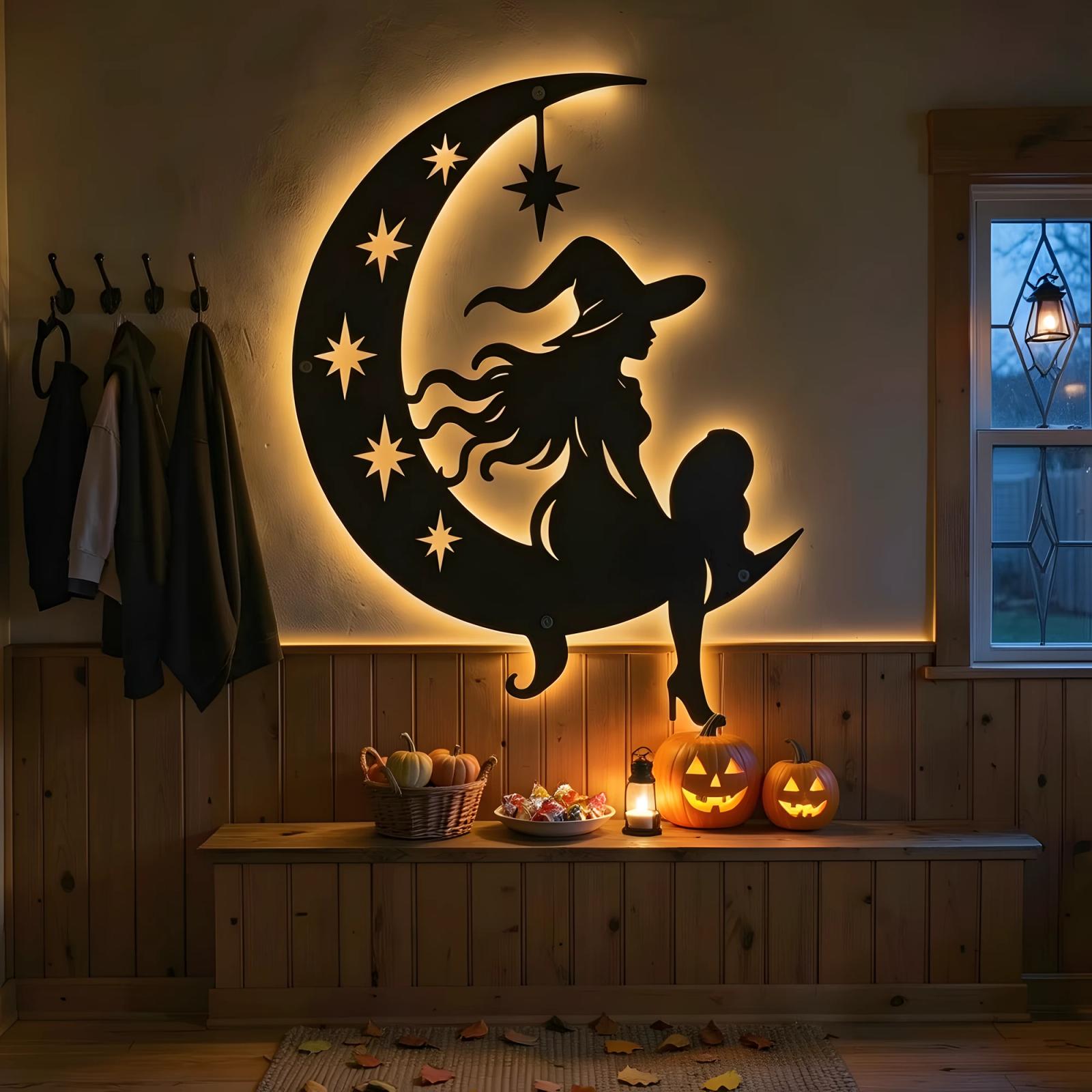 Halloween Witch Moon LED Metal Wall Art – Coven Glow, Gothic Entryway Decor — 8