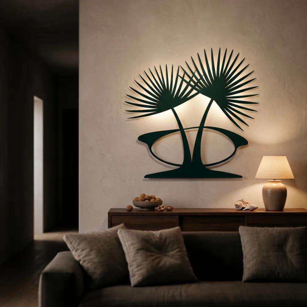 Palm Leaf Metal LED Wall Art – Fan Palm Duet, Living Room Backlit Decor