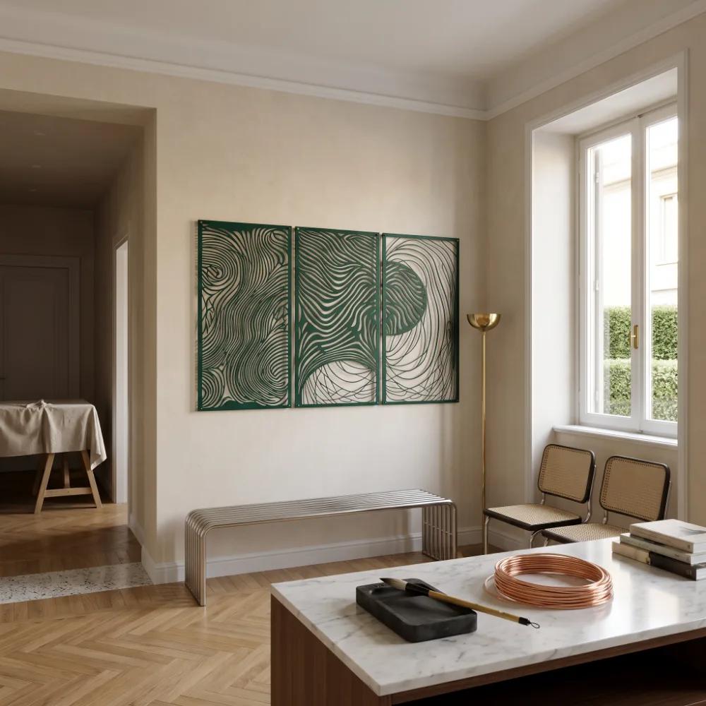 Abstract Line Metal Triptych Wall Art – Kinetic Grain, Modern Living Room Decor