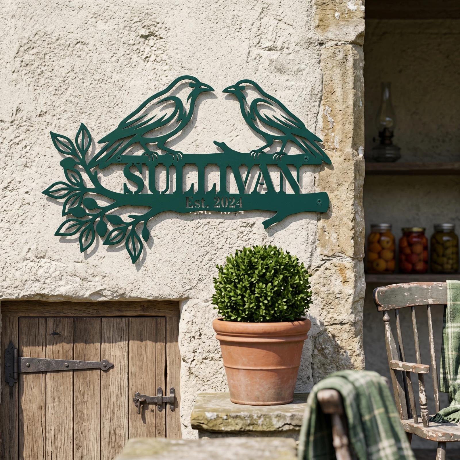 Personalized Raven Family Name Metal Wall Art – Raven Bough, Front Porch Entryway Decor — 3