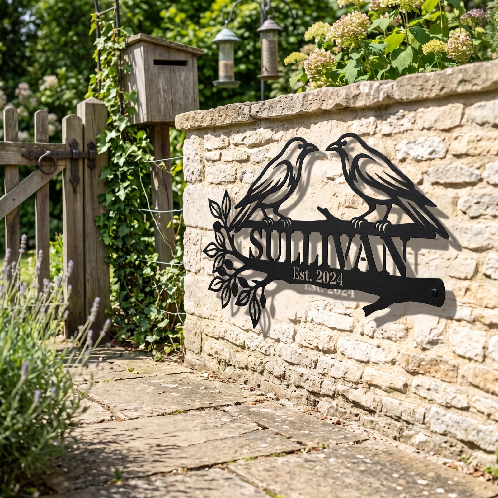 Personalized Raven Family Name Metal Wall Art – Raven Bough, Front Porch Entryway Decor — 5