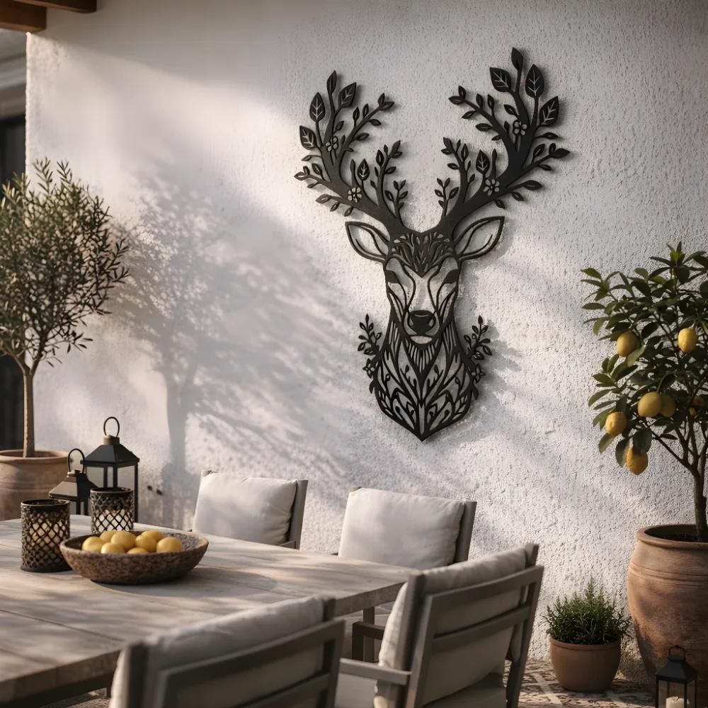 Floral Deer Metal Wall Art – Forest Spirit Buck, Rustic Living Room Decor — 2