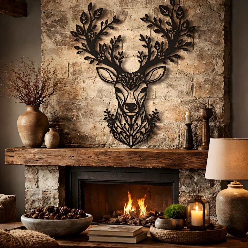 Floral Deer Metal Wall Art – Forest Spirit Buck, Rustic Living Room Decor — 12