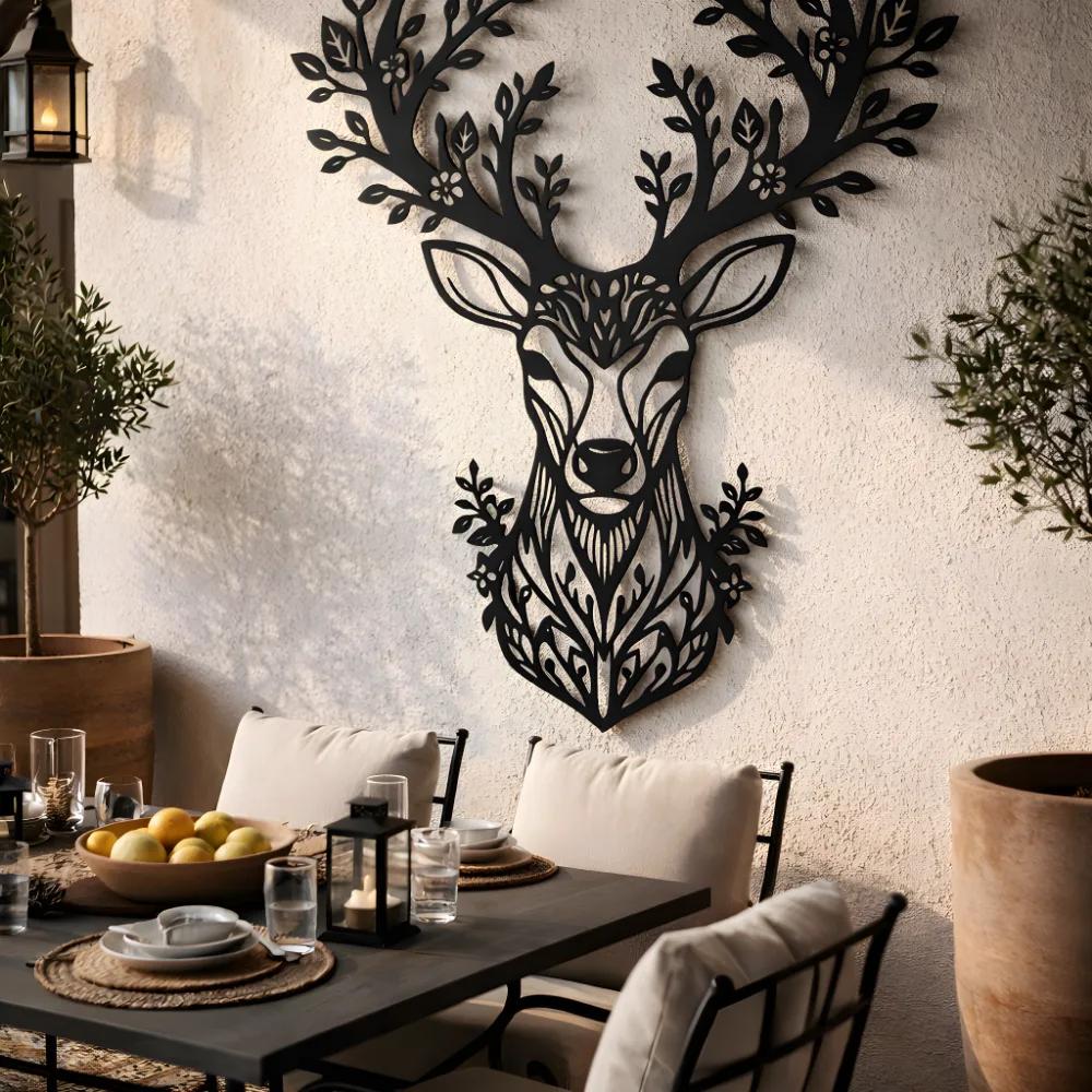 Floral Deer Metal Wall Art – Forest Spirit Buck, Rustic Living Room Decor