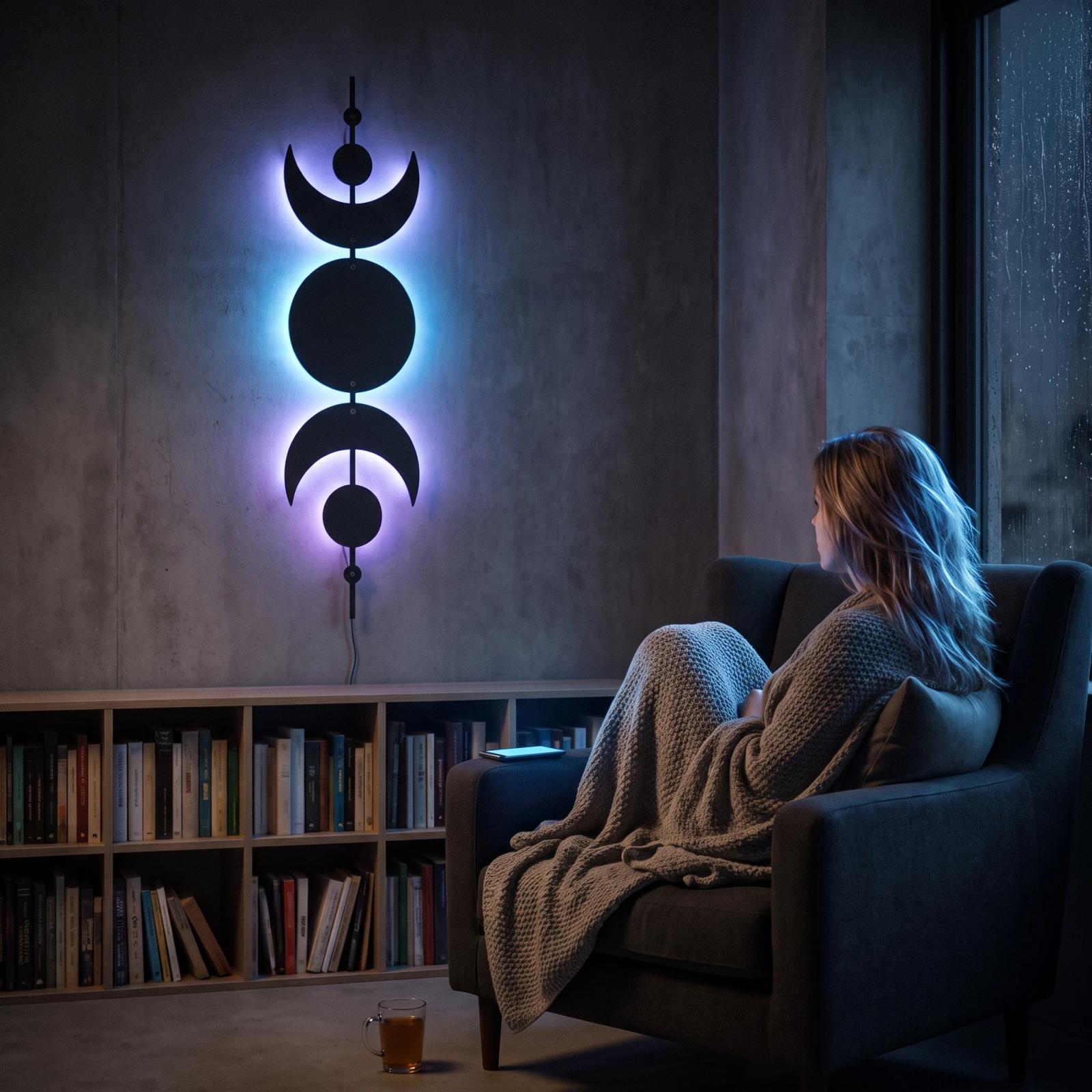 Celestial Metal LED Wall Art – Lunar Axis, Moon Phase Bedroom Decor — 3