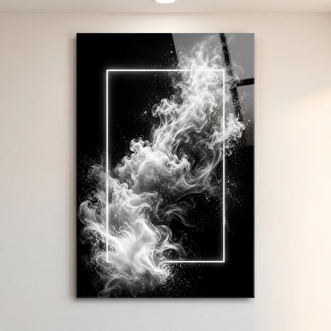 Black and White Smoke Abstract Framed Glass Wall Art