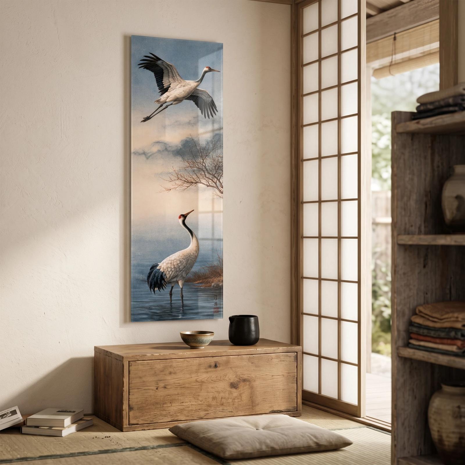 Red-Crowned Crane Asian Ink Bird Glass Wall Art
