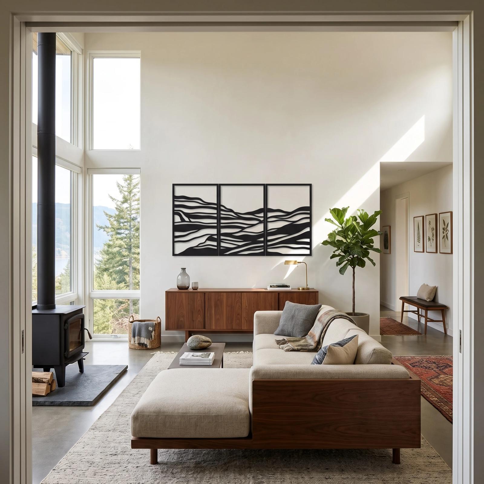 Mountain Range Metal Wall Art Layered Ridgelines Triptych – Ridge Cadence, Living Room Decor — 2