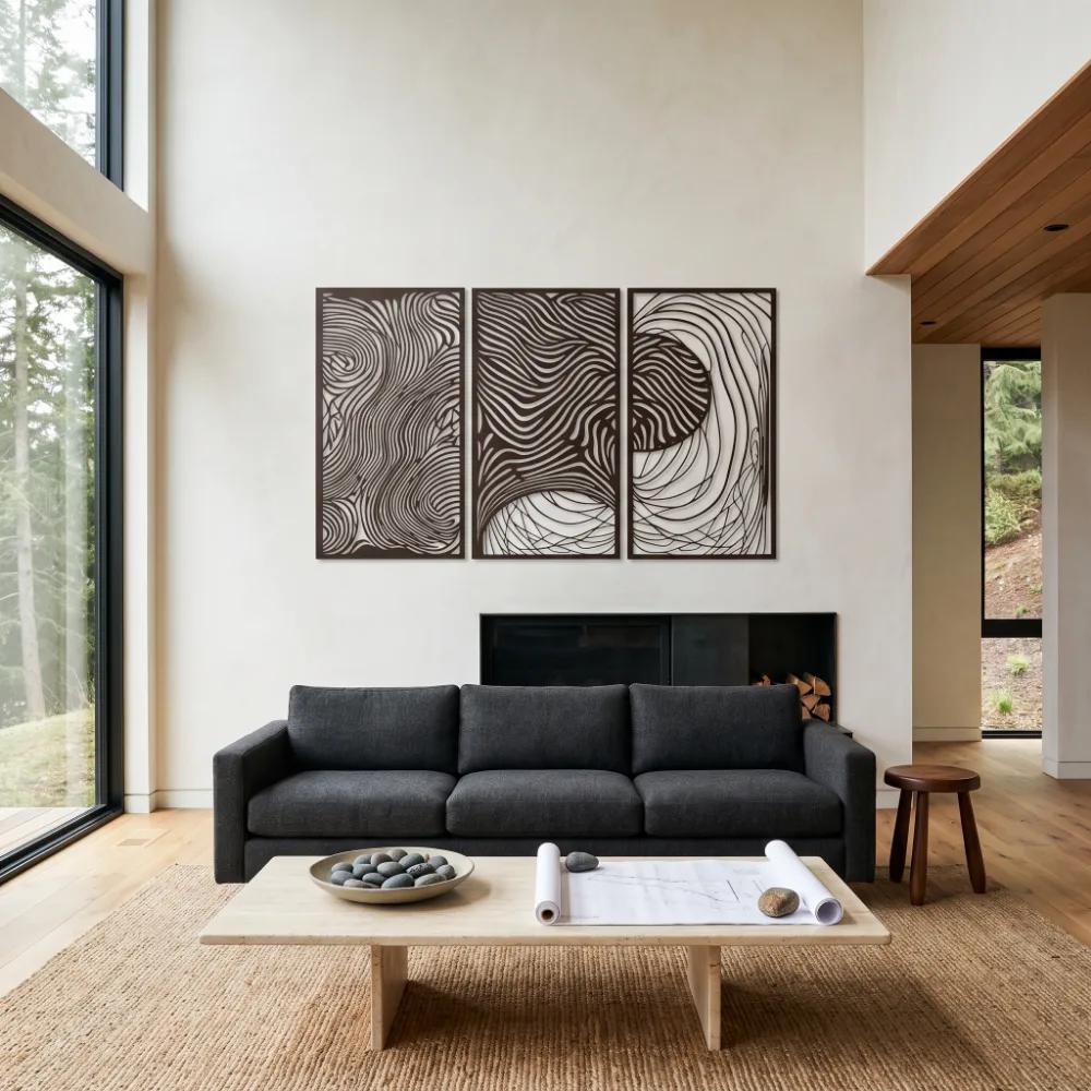 Abstract Line Metal Triptych Wall Art – Kinetic Grain, Modern Living Room Decor
