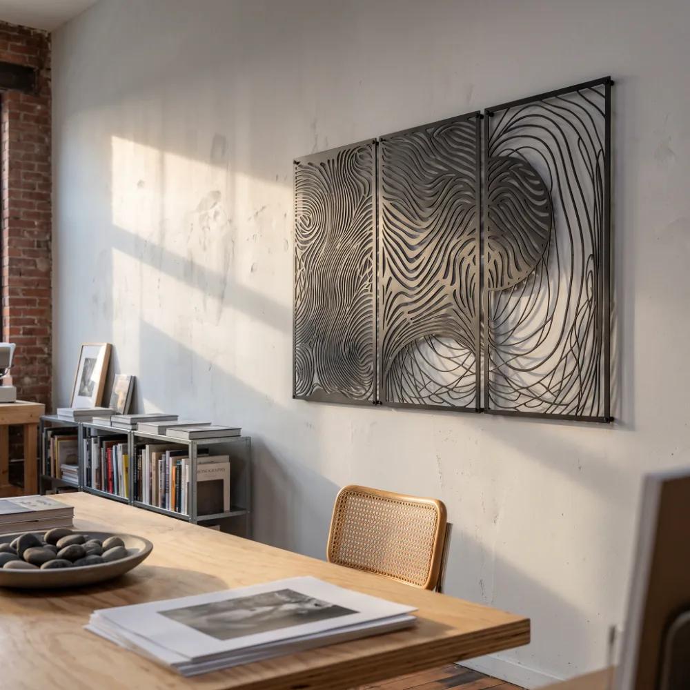 Abstract Line Metal Triptych Wall Art – Kinetic Grain, Modern Living Room Decor — 7