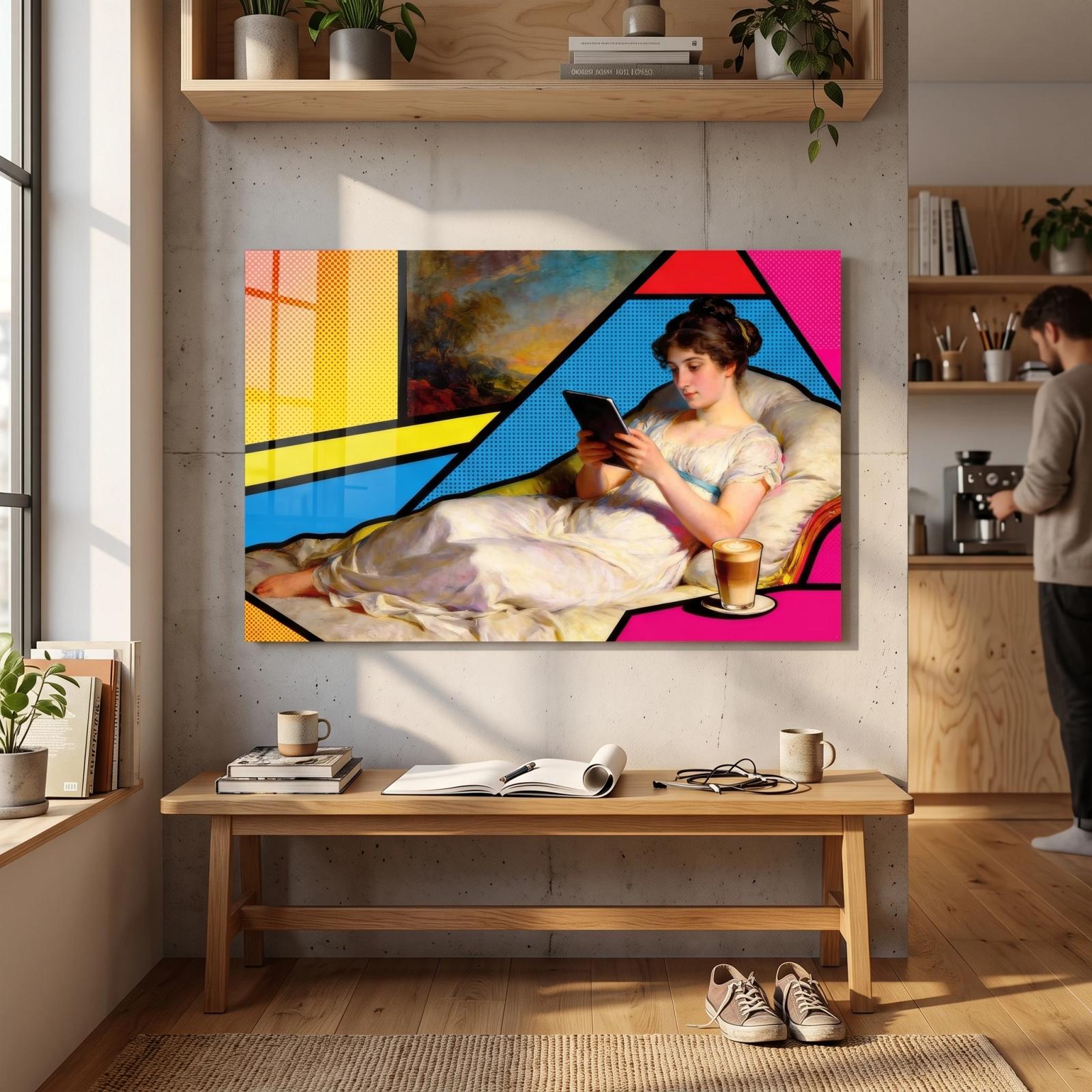 Pop Art Woman Reading Colorful Geometric Glass Wall Art