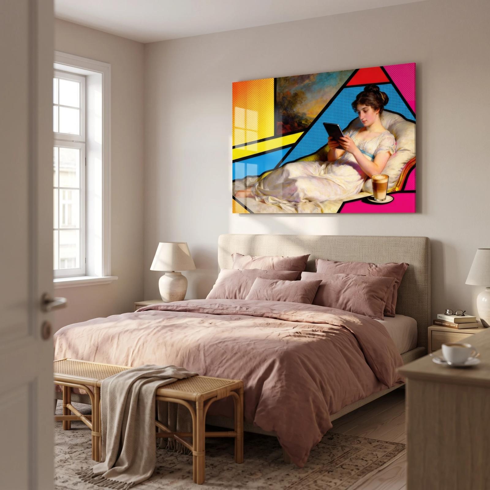 Pop Art Woman Reading Colorful Geometric Glass Wall Art — 3