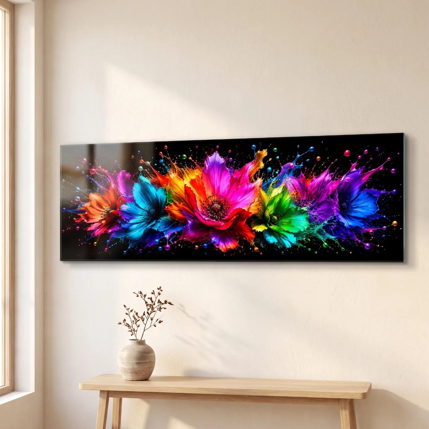 Neon Paint Splash Flowers Rainbow Abstract | Glass Wall Art