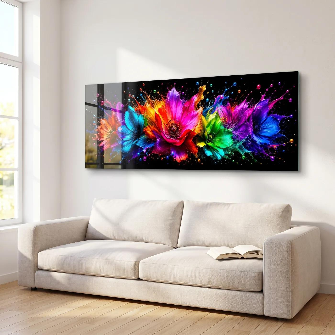Neon Paint Splash Flowers Rainbow Abstract | Glass Wall Art — 2