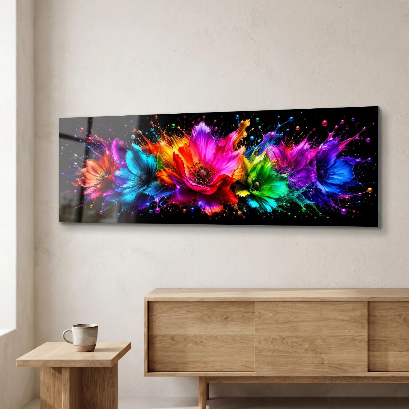 Neon Paint Splash Flowers Rainbow Abstract | Glass Wall Art — 3