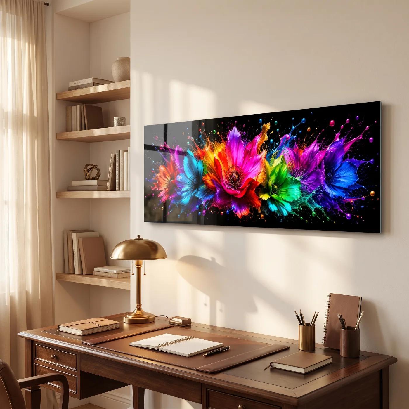 Neon Paint Splash Flowers Rainbow Abstract | Glass Wall Art — 4