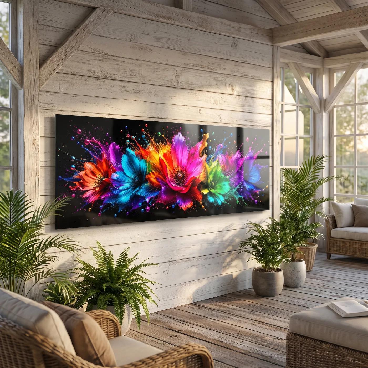 Neon Paint Splash Flowers Rainbow Abstract | Glass Wall Art — 5