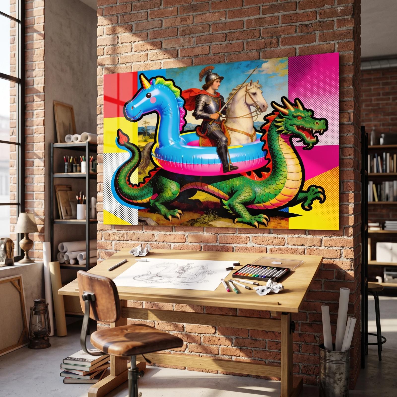 Pop Art Knight Dragon Maximalist Tempered Glass Wall Art