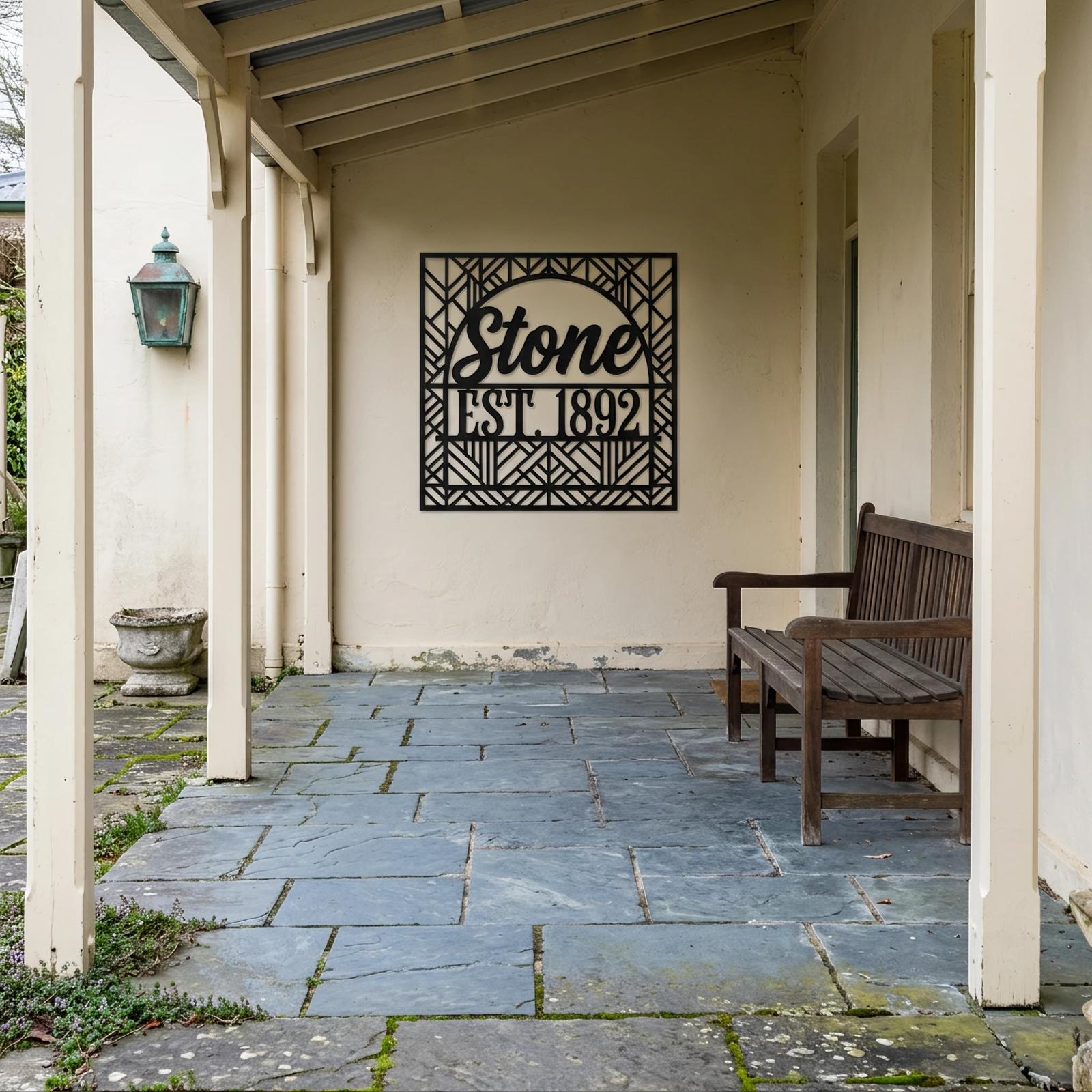 Personalized Family Name Metal Wall Art Established Date Sign – Stone Heritage, Front Porch Decor — 7