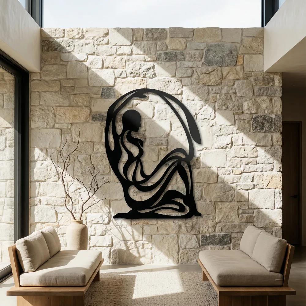 Abstract Female Figure Metal Wall Art – Contemplative Embrace, Primary Bedroom Decor