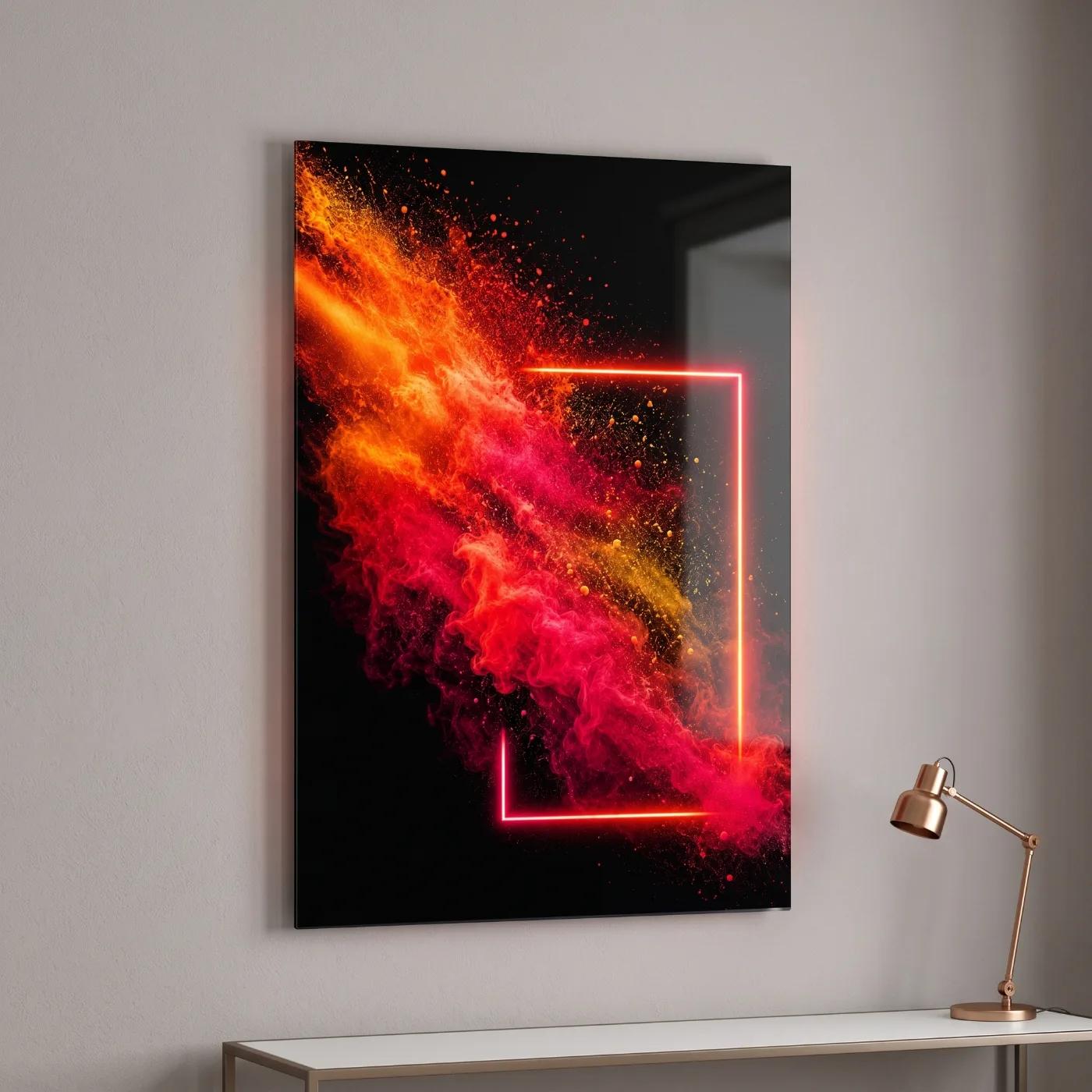 Neon Smoke Abstract Pink Orange Black | Tempered Glass Wall Art