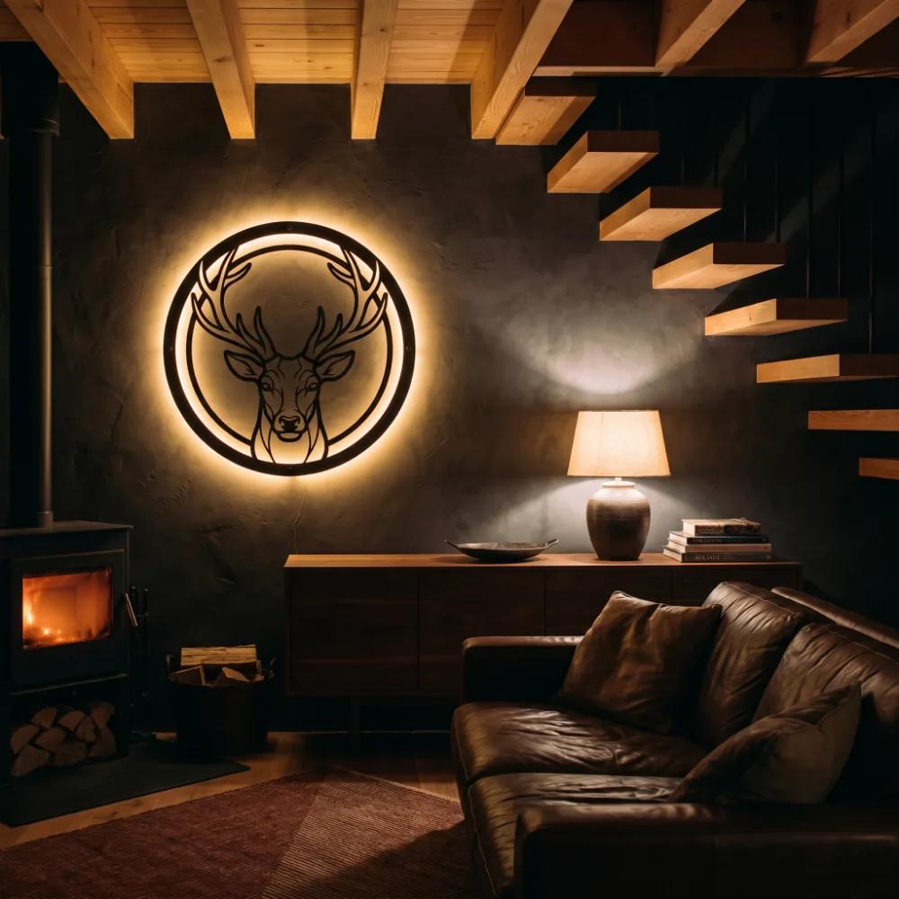 Stag Head Circle Metal Wall Art – Antler Vigil, LED Backlit Lodge Living Room Decor — 2
