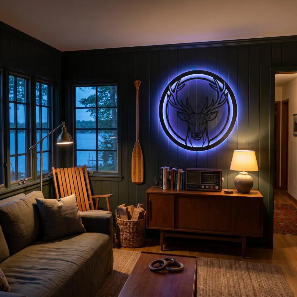 Stag Head Circle Metal Wall Art – Antler Vigil, LED Backlit Lodge Living Room Decor — 3
