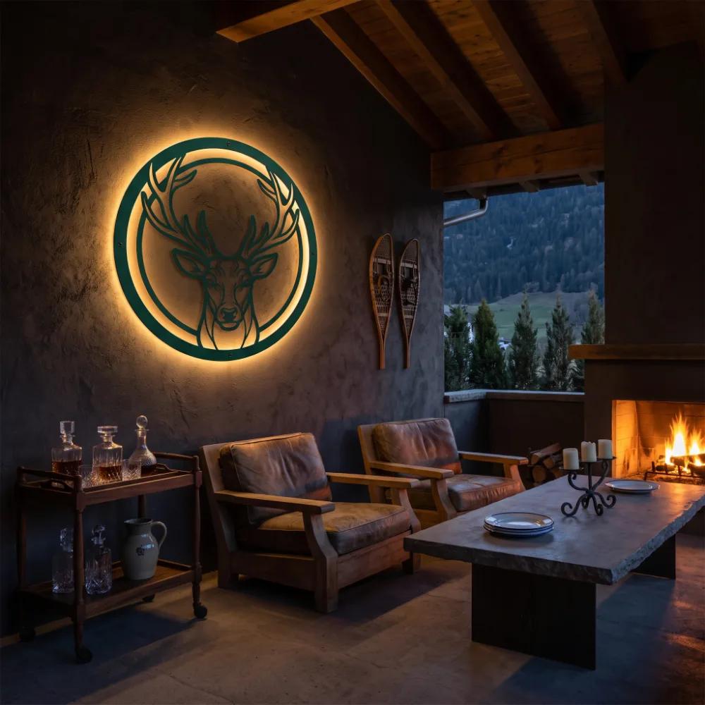 Stag Head Circle Metal Wall Art – Antler Vigil, LED Backlit Lodge Living Room Decor — 5