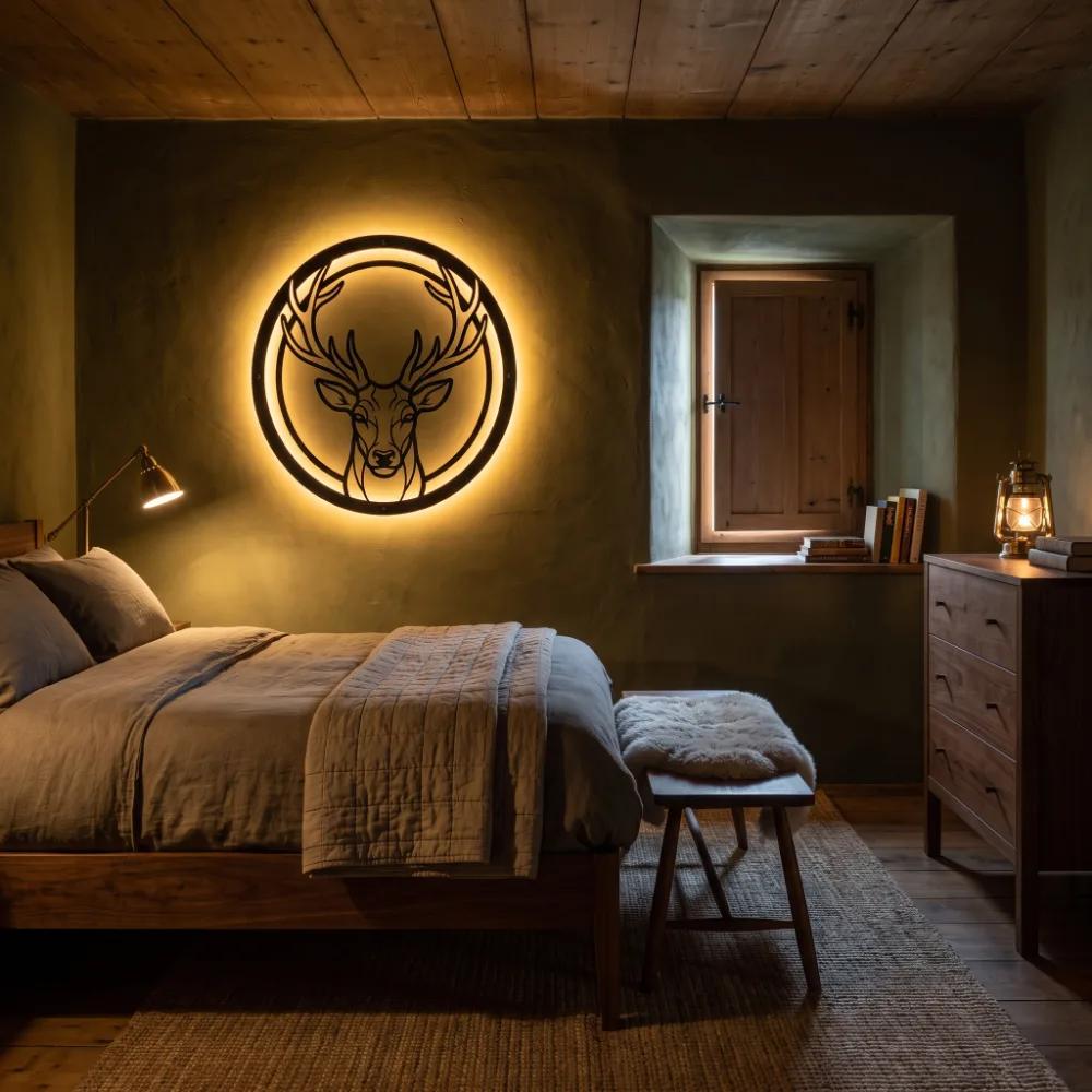 Stag Head Circle Metal Wall Art – Antler Vigil, LED Backlit Lodge Living Room Decor — 8