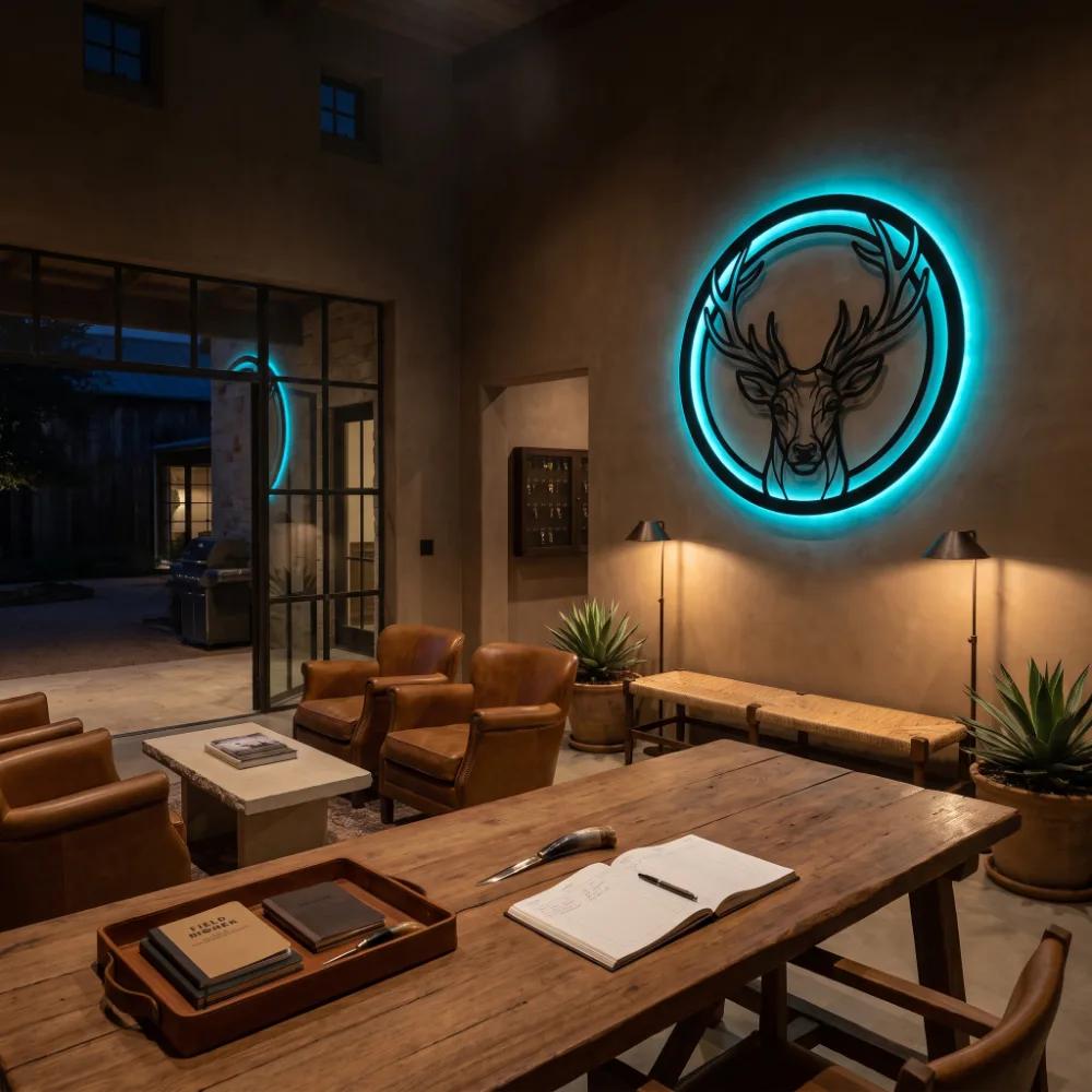 Stag Head Circle Metal Wall Art – Antler Vigil, LED Backlit Lodge Living Room Decor — 9