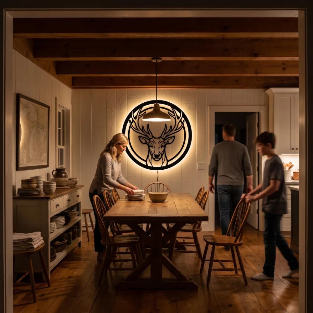 Stag Head Circle Metal Wall Art – Antler Vigil, LED Backlit Lodge Living Room Decor