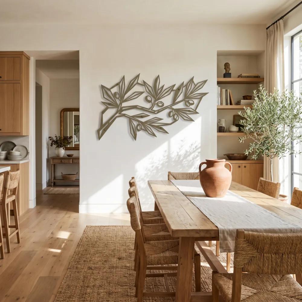 Geometric Olive Branch Metal Wall Art – Peace Facet, Mediterranean Dining Room Decor