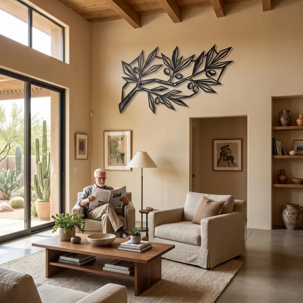 Geometric Olive Branch Metal Wall Art – Peace Facet, Mediterranean Dining Room Decor — 3