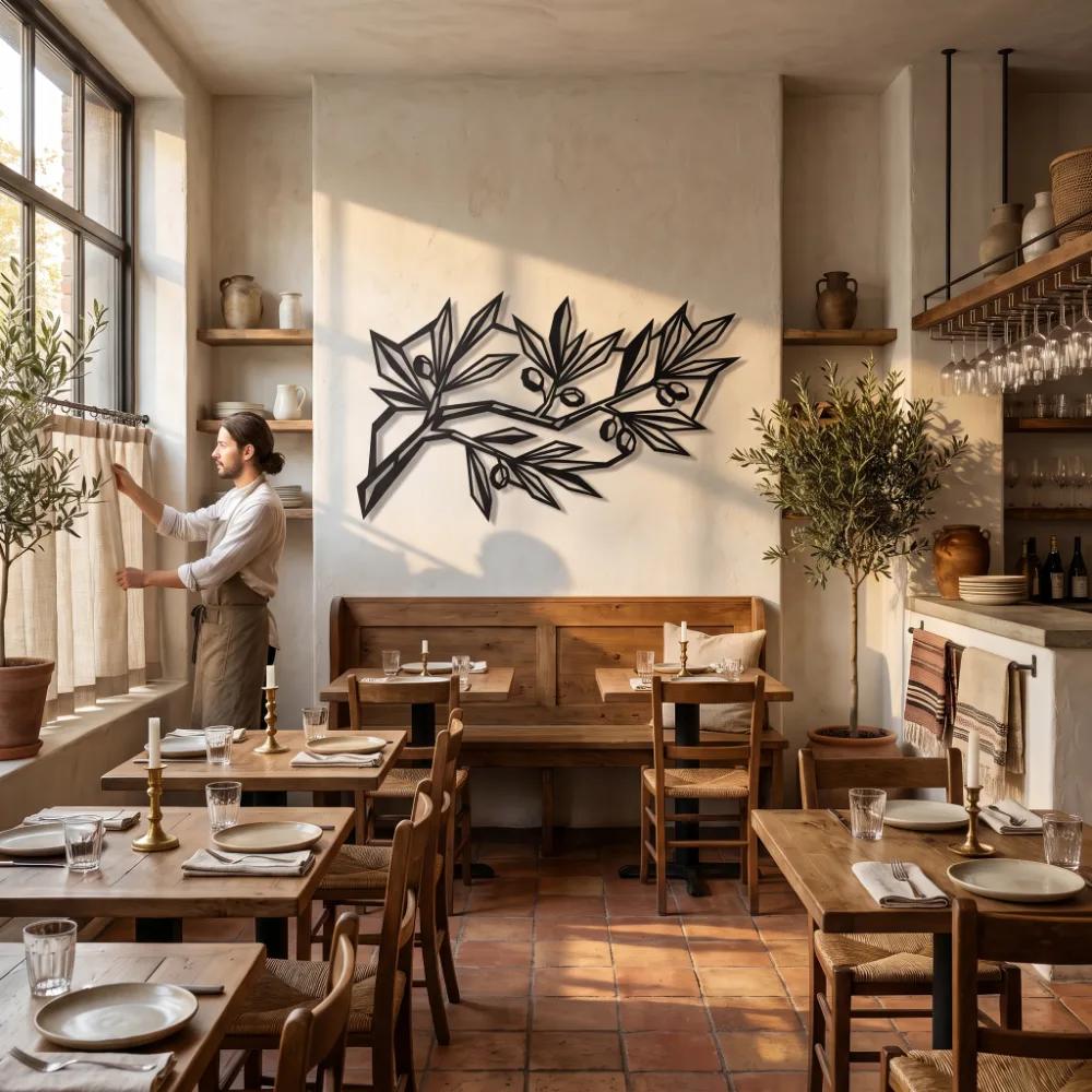 Geometric Olive Branch Metal Wall Art – Peace Facet, Mediterranean Dining Room Decor — 8