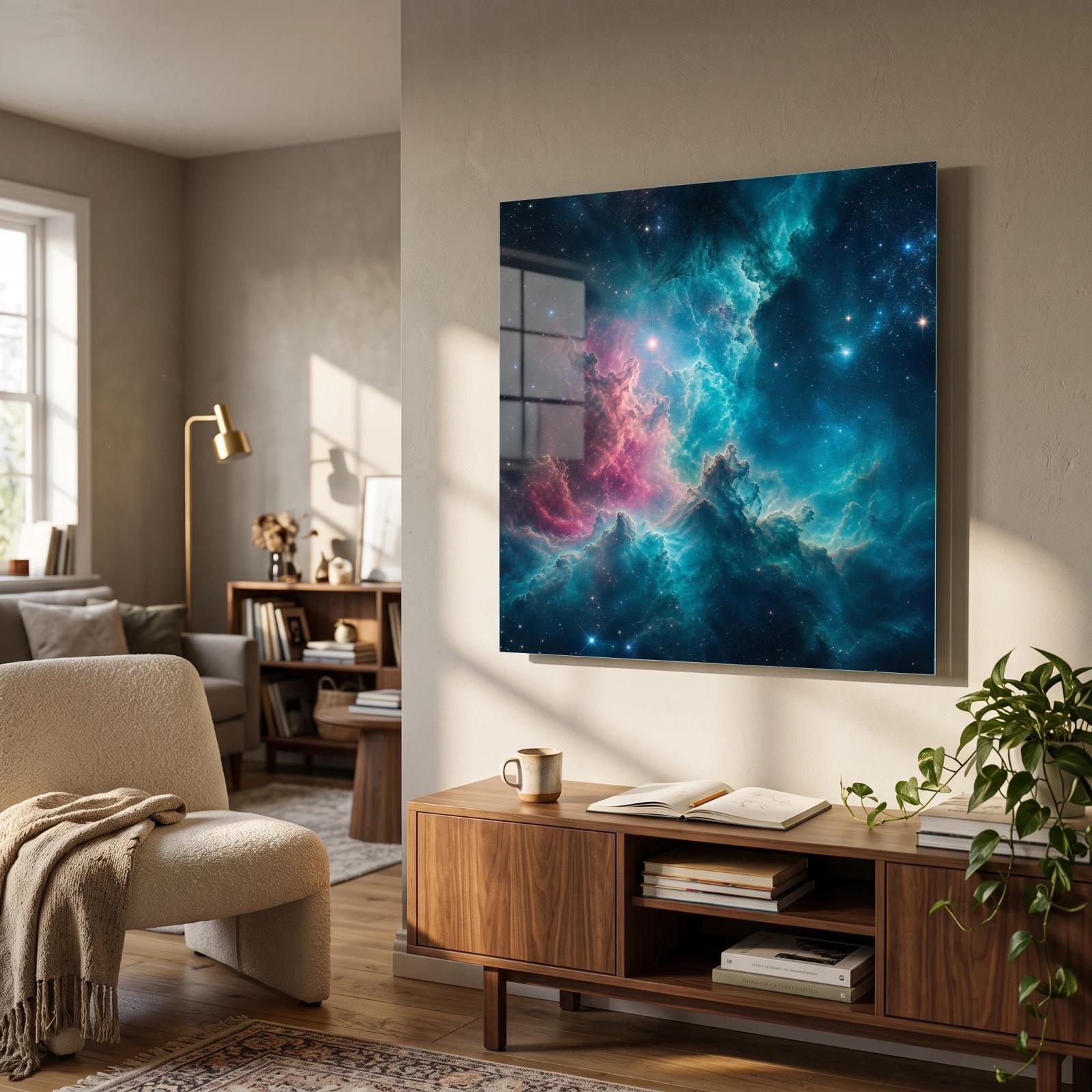 Nebula Glass Wall Art Teal Cosmic Sky | Glass Wall Art